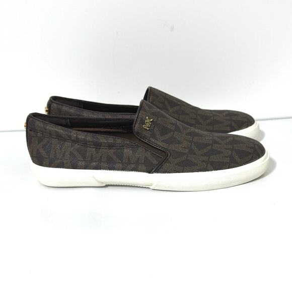 Michael Kors Boerum Double Gore MK Signature Logo Print PVC Slip On Shoe 8 Brown - Picture 1 of 8
